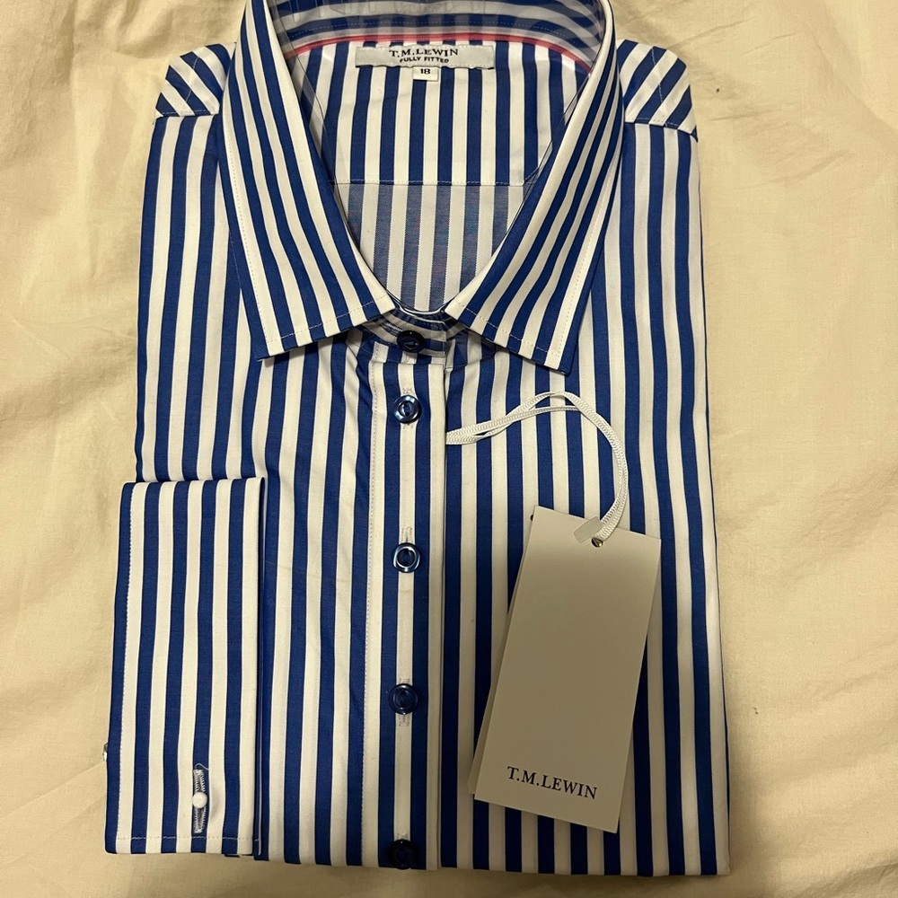 TM Lewin Blue & White Striped Fully Fitted Button Down Shirt - UK 18; US 16